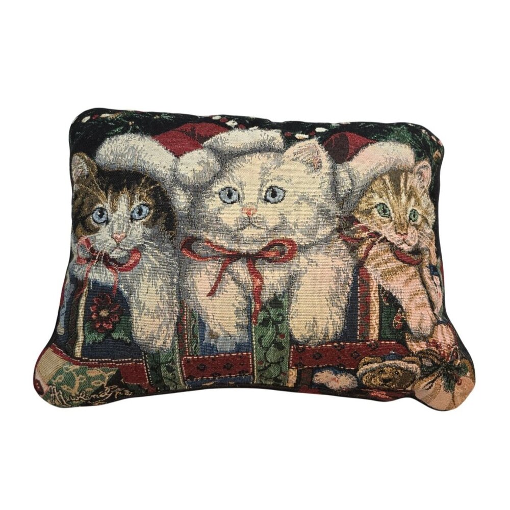 Vintage 2000 Christmas Cat Tapestry Throw Pillow
